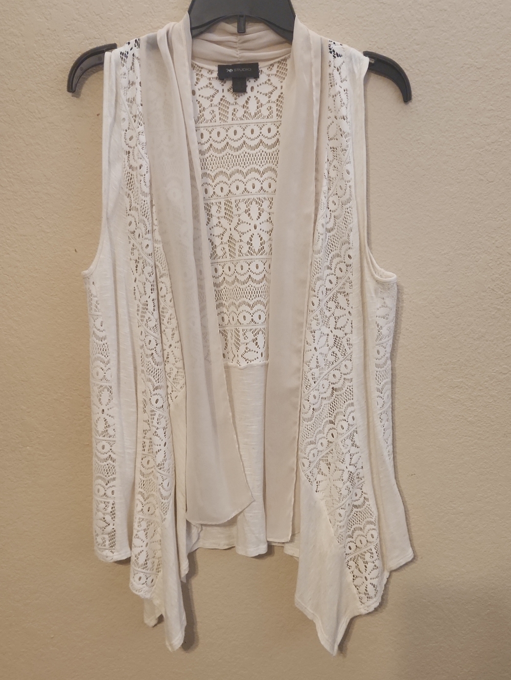 AB Studio Cream Crochet-Back Open Front Women's Vest